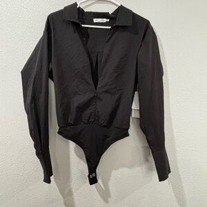 Good American Black Fitted Long Sleeve Bodysuit with Notched Collar Size 1 NWT